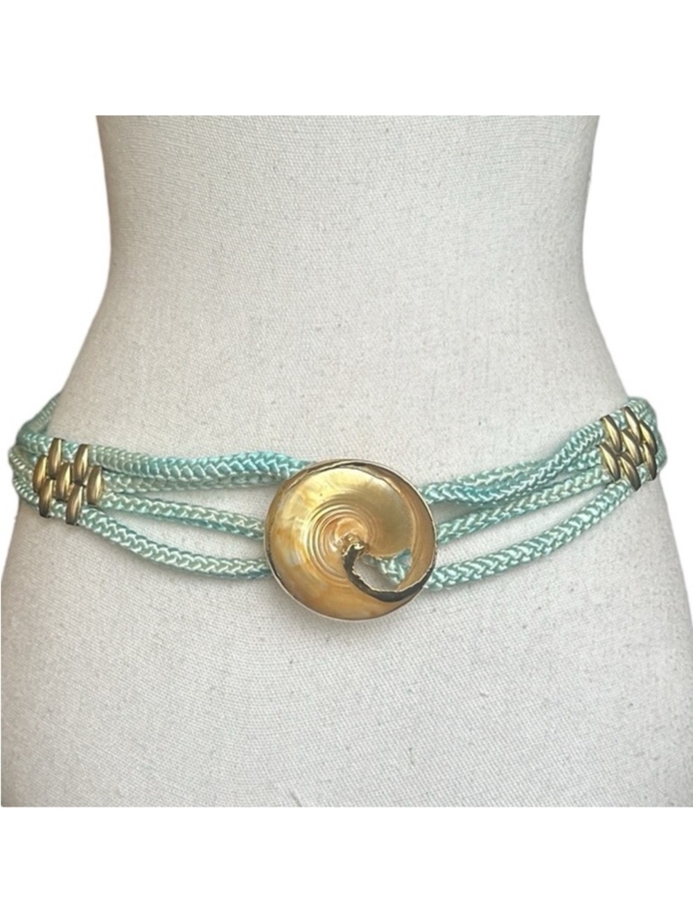 Handmade Rope & Gold Metal Belt / Necklace w/ Pearlized Round Buckle / Pendant